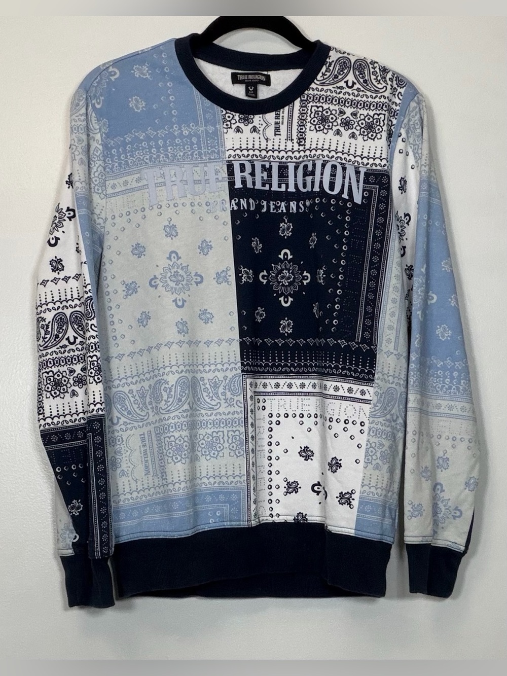 True Religion Men's Blue Patchwork Bandana Crewneck Sweatshirt